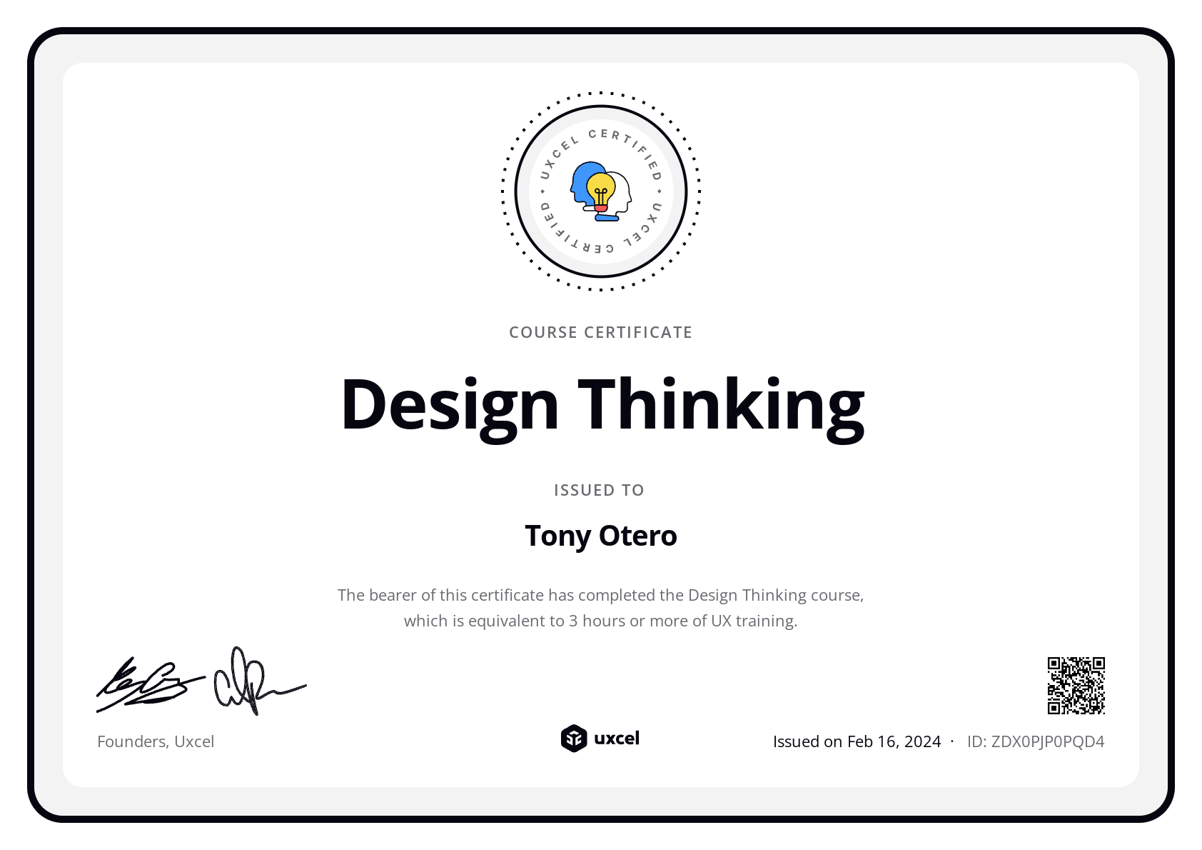 Tony Otero's certificate